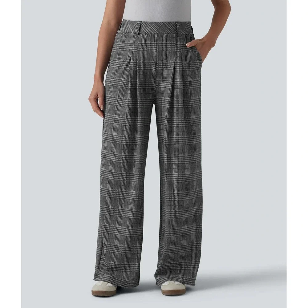 Halara Gray Plaid Wide Leg Trouser Pants High Rise Career Chic S